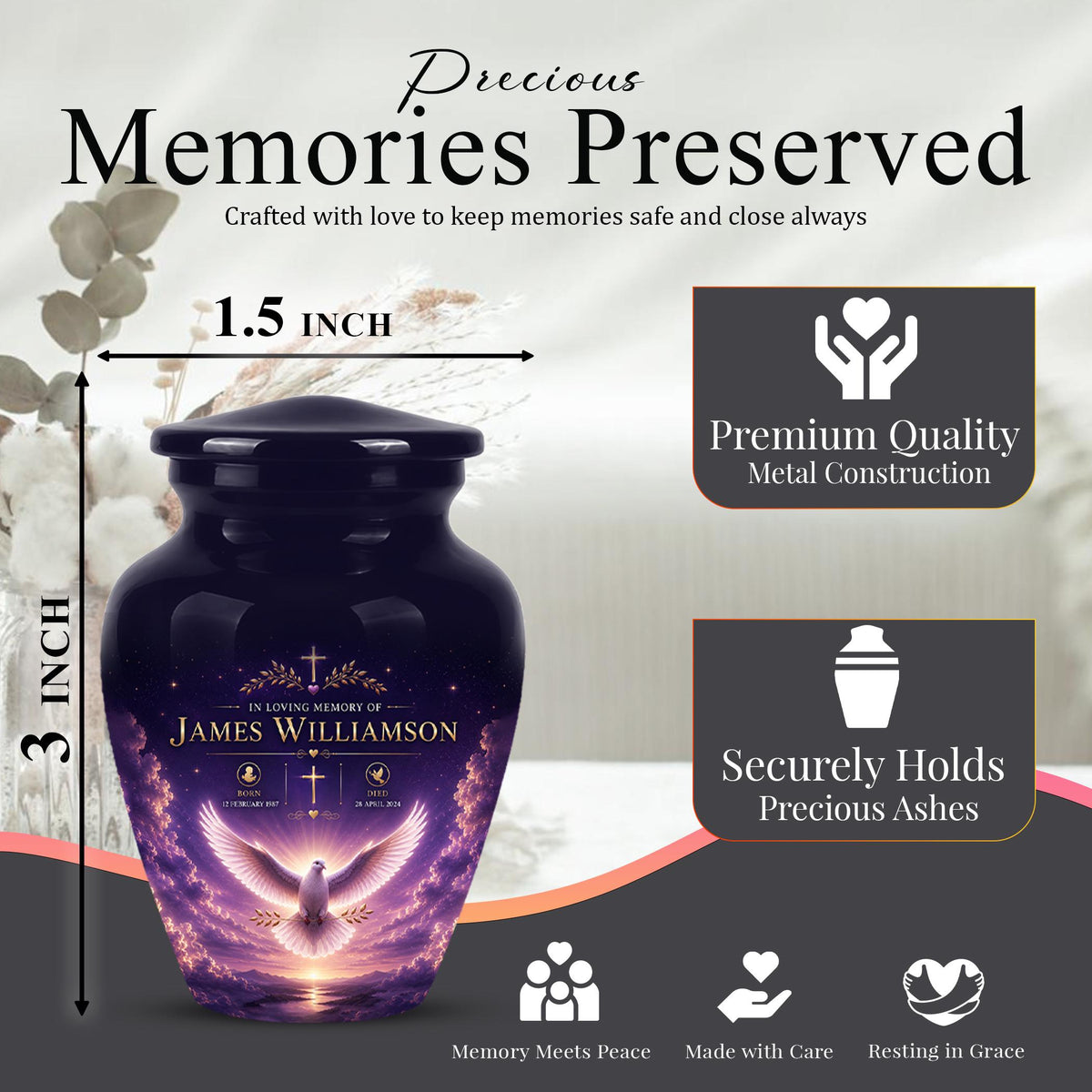 Personalized Purple Dove Cremation Urn - Peaceful Memorial Tribute (Adult)