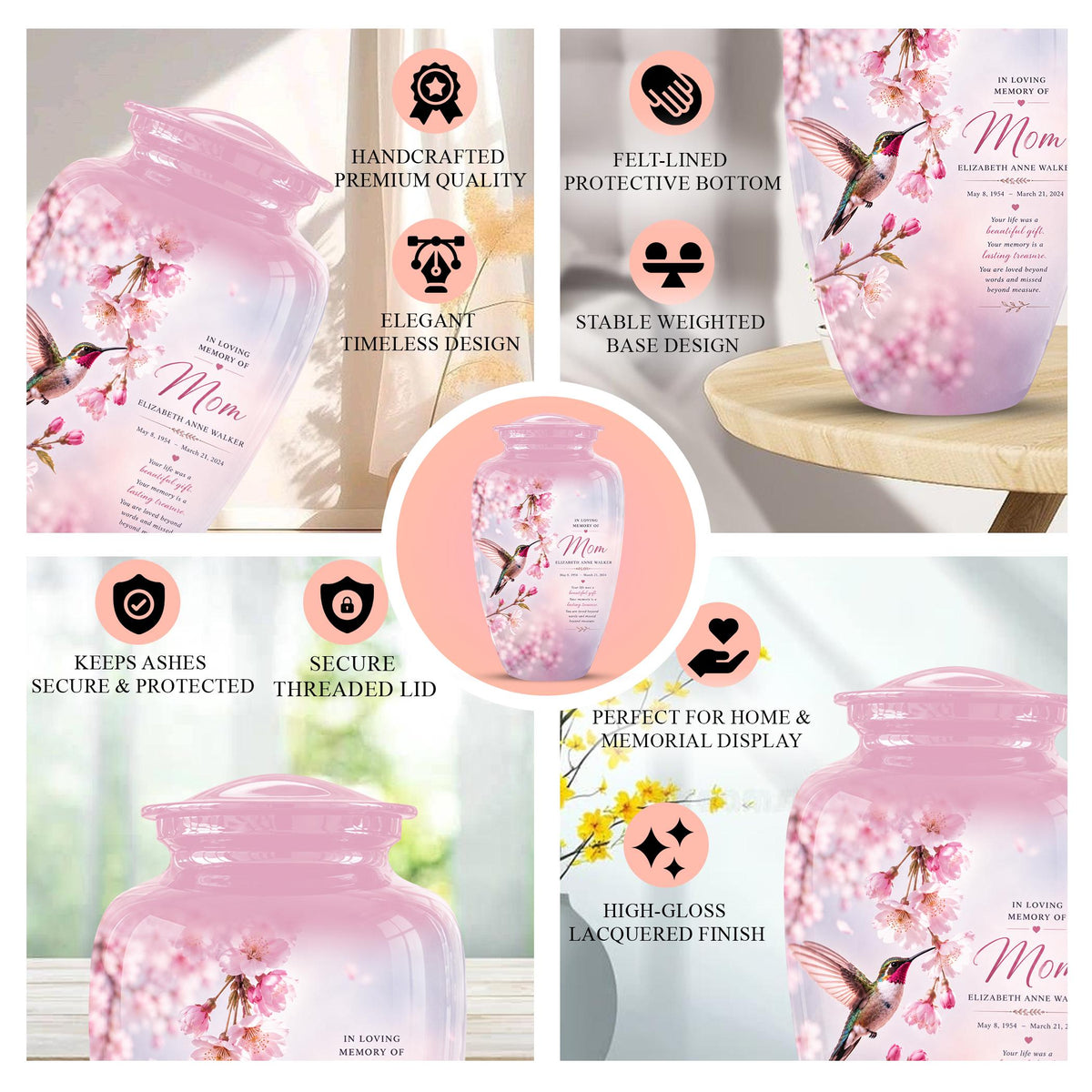 Personalized Hummingbird Memorial Urn for Mom - Keepsake Cremation Ashes Tribute