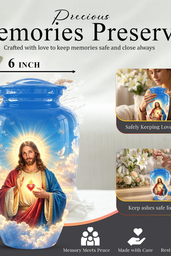 Personalized Sacred Heart of Jesus Cremation Urn for Ashes, Christian Memorial Urn - Catholic Jesus Christ Tribute Urn, Blue Religious Urn