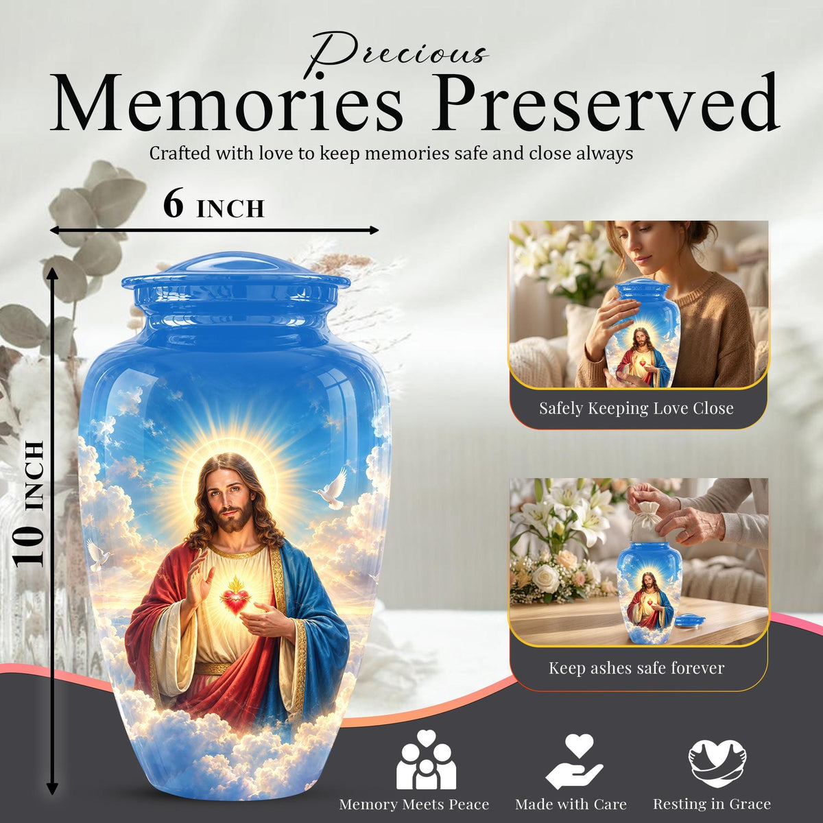 Personalized Sacred Heart of Jesus Cremation Urn for Ashes, Christian Memorial Urn - Catholic Jesus Christ Tribute Urn, Blue Religious Urn