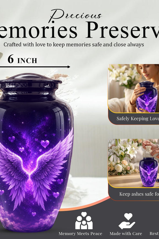 Personalized Purple Memorial Urn - Angel Wings Funeral Urn, Custom Tribute
