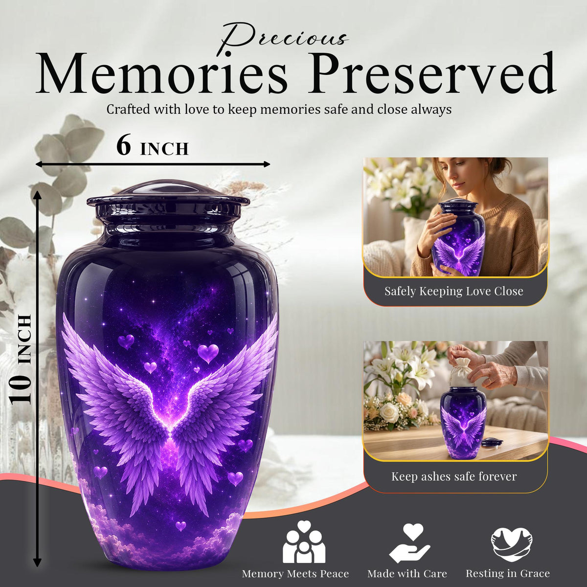 Personalized Purple Memorial Urn - Angel Wings Funeral Urn, Custom Tribute