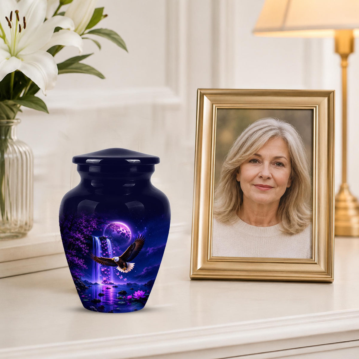 Eagle Cremation Urn for Ashes - Purple Waterfall Bald Eagle Memorial Urn