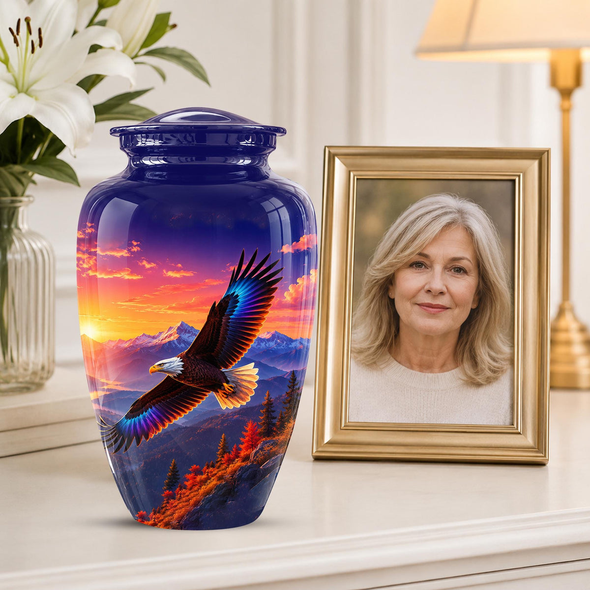 Bald Eagle Cremation Urn for Ashes - Purple Sunset Mountain Memorial Urn