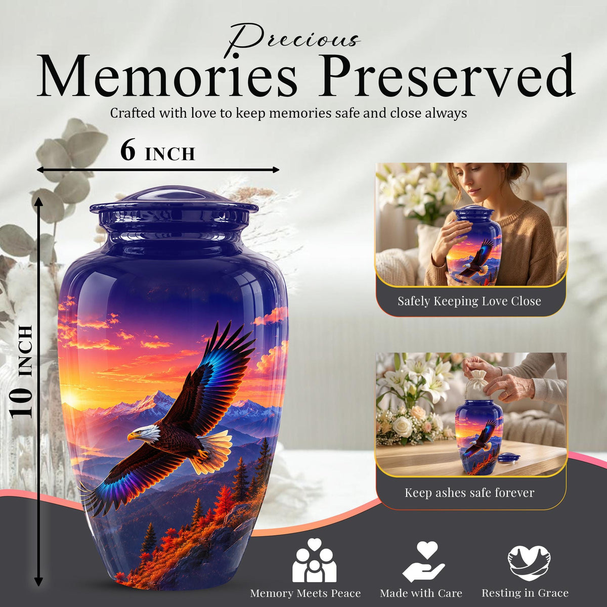 Bald Eagle Cremation Urn for Ashes - Purple Sunset Mountain Memorial Urn