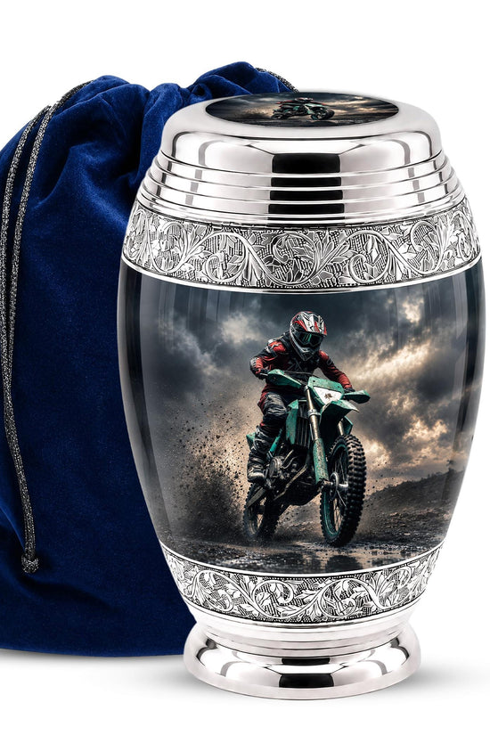 Personalized Motocross Rider Cremation Urn, Glossy Black Finish, Memorial Keepsake