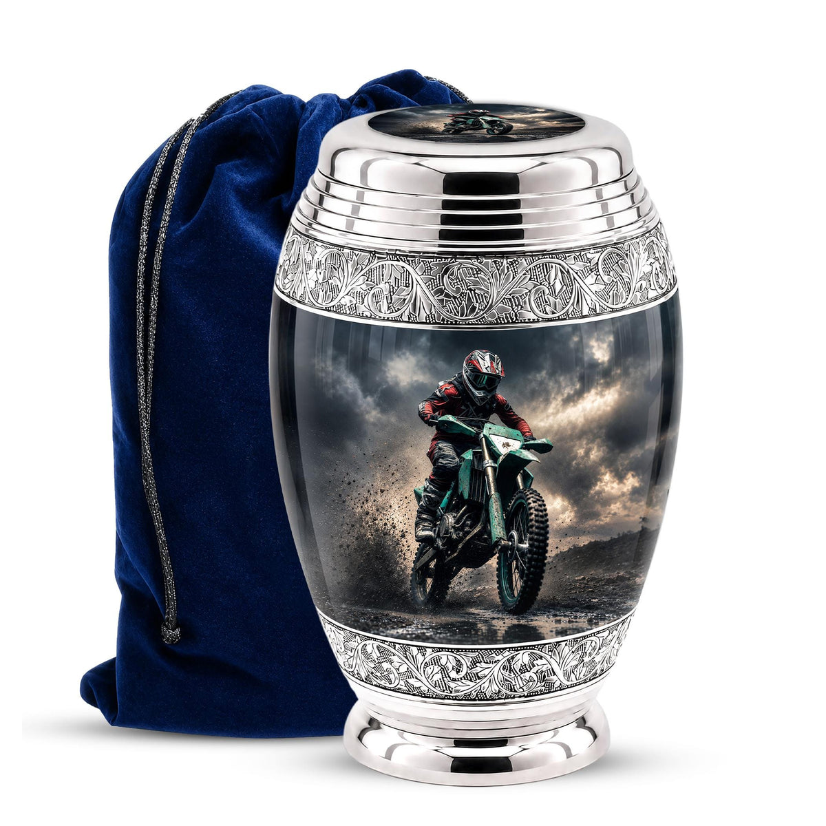 Personalized Motocross Rider Cremation Urn, Glossy Black Finish, Memorial Keepsake
