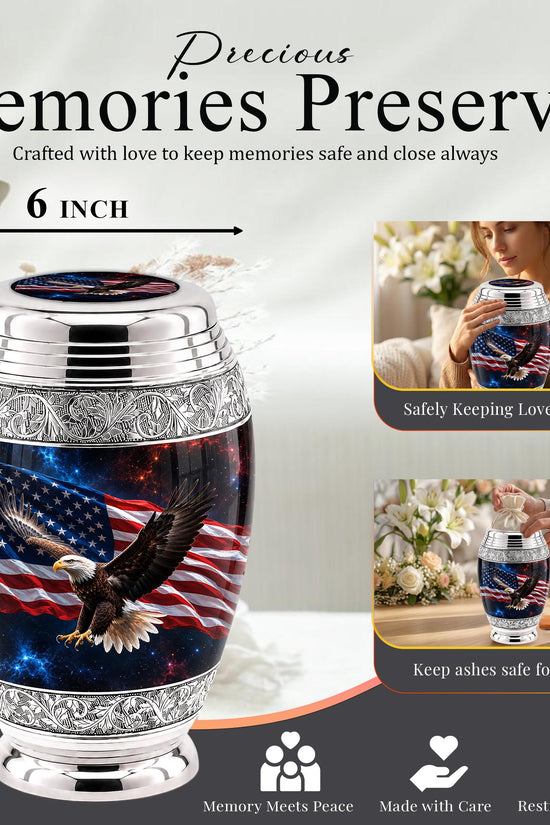 American Flag Eagle Cremation Urn for Ashes - Silver Patriotic Bald Eagle Memorial Urn