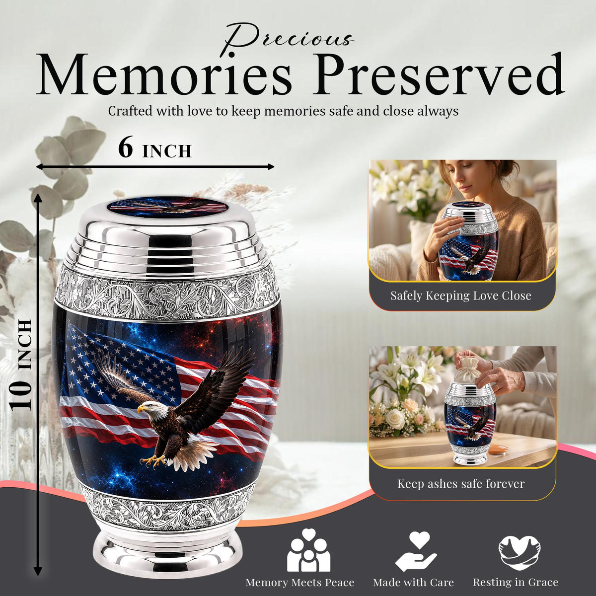 American Flag Eagle Cremation Urn for Ashes - Silver Patriotic Bald Eagle Memorial Urn