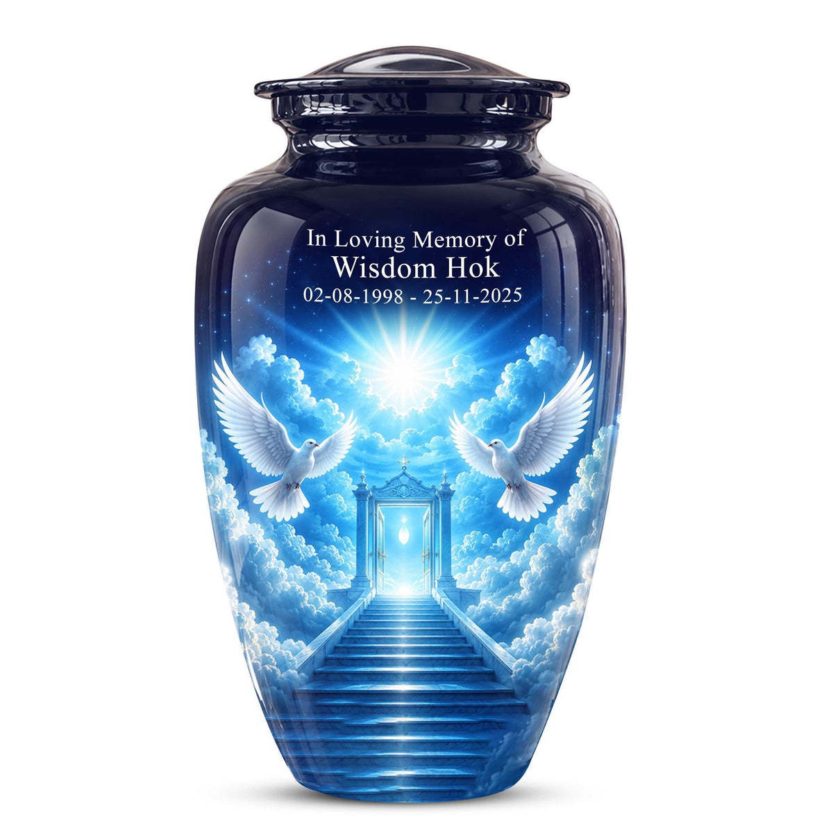 Personalized Dove Cremation Urn for Ashes, Heavenly Blue Memorial Urn - White Dove Religious Tribute