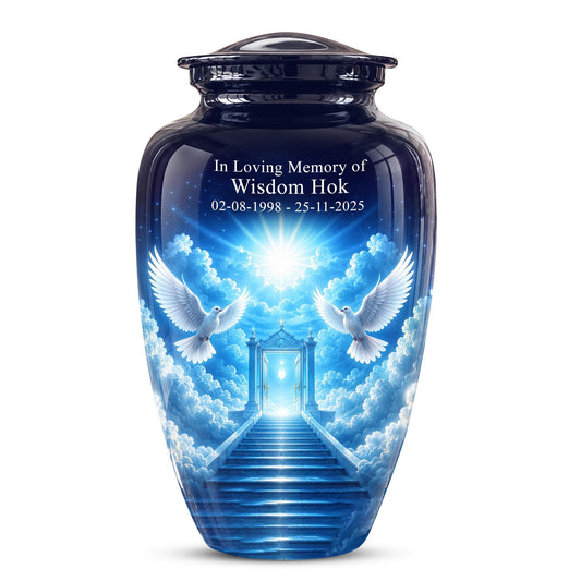 Personalized Dove Cremation Urn for Ashes, Heavenly Blue Memorial Urn - White Dove Religious Tribute