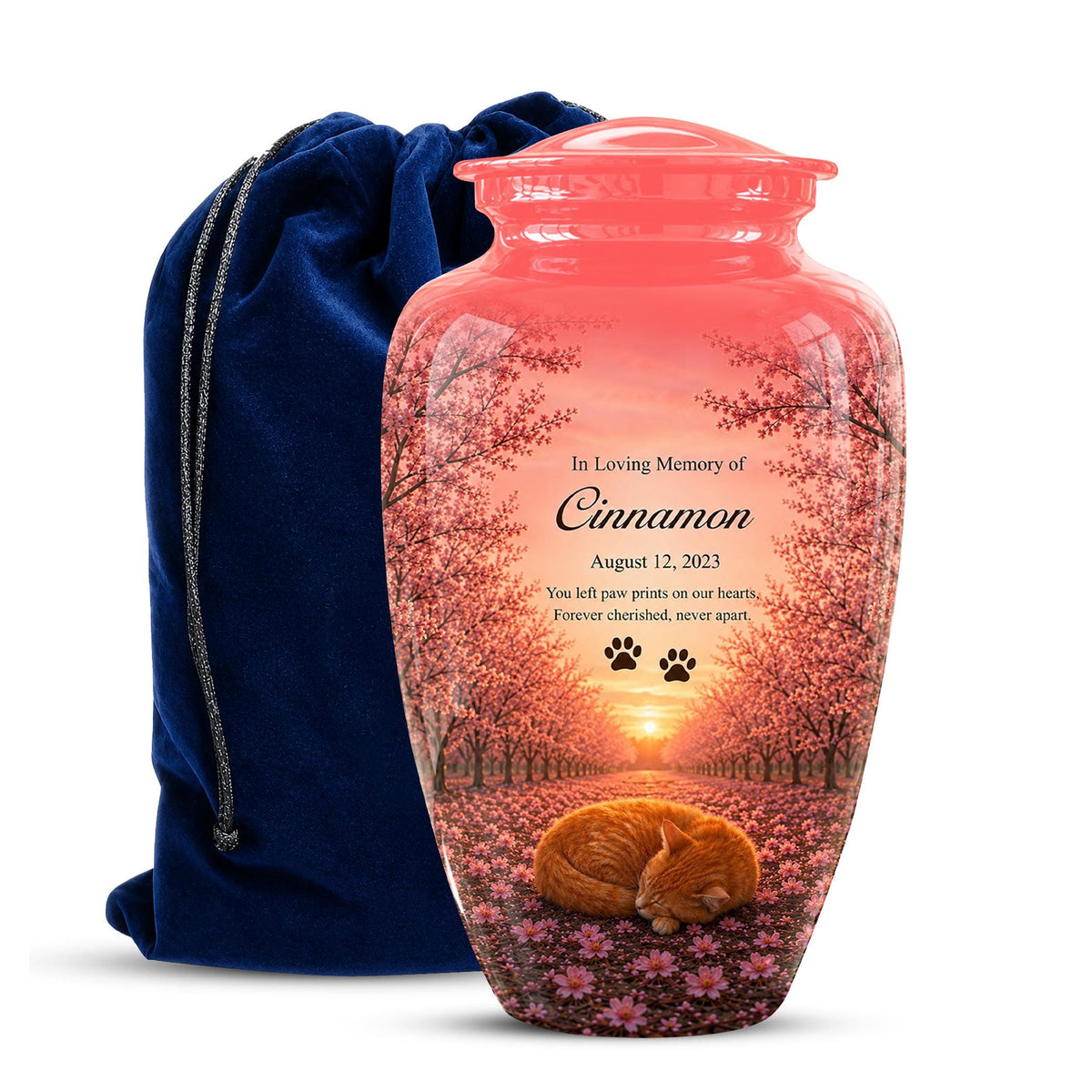 Personalized Pink Cat Memorial Urn, Sleeping Cat Keepsake, Pet Ashes (Custom Name)