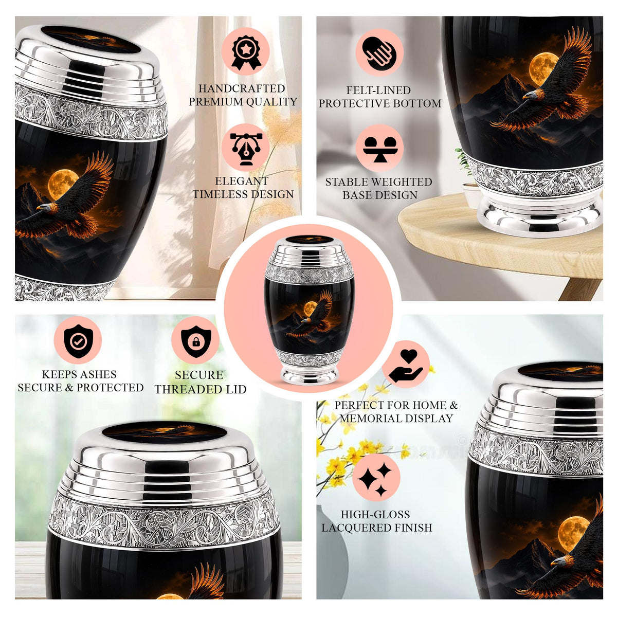 Bald Eagle Cremation Urn for Ashes - Golden Moon Mountain Memorial Urn
