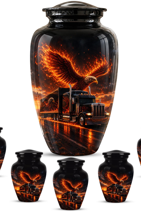 Eagle and Semi Truck Cremation Urn for Ashes - Fiery Bald Eagle Memorial Urn