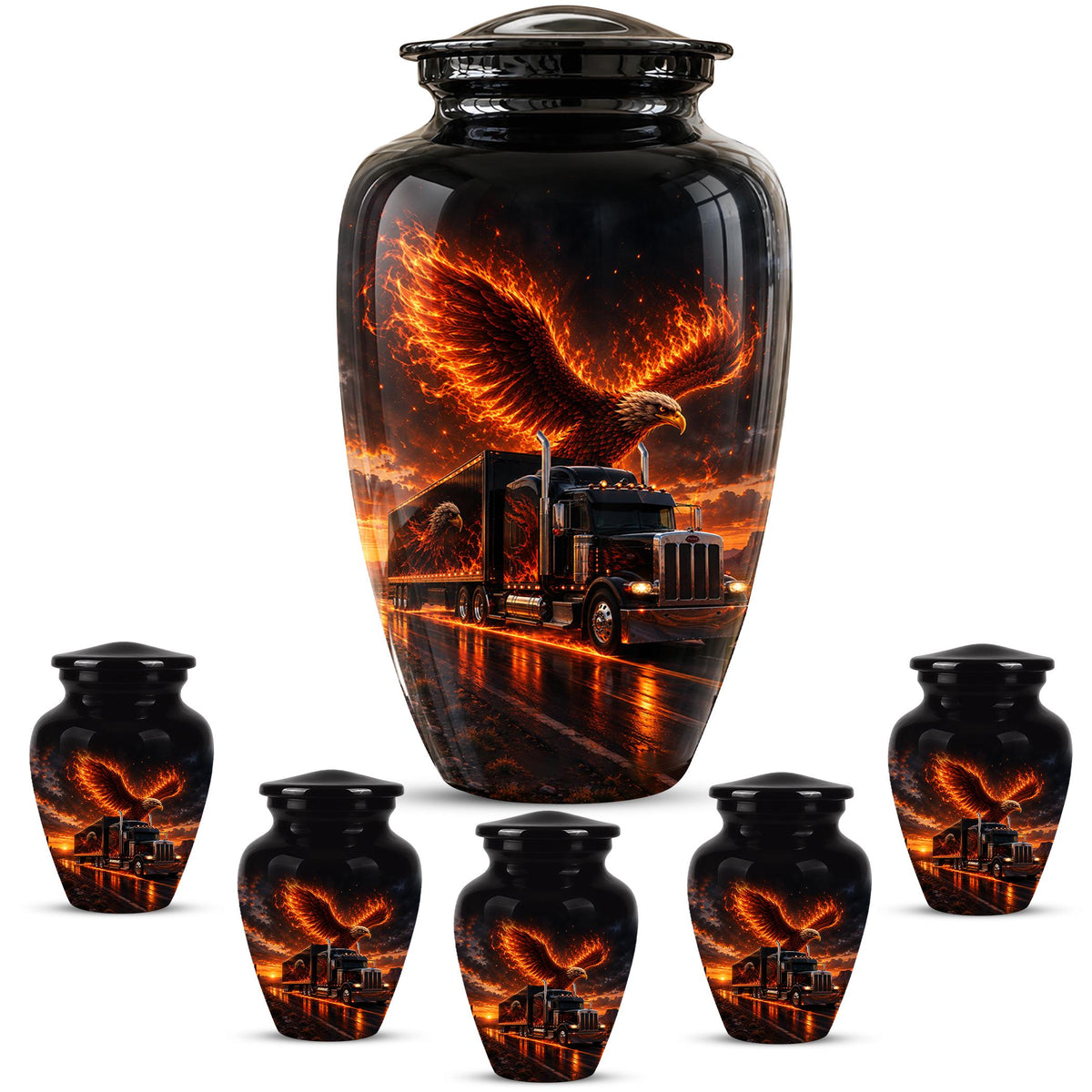 Eagle and Semi Truck Cremation Urn for Ashes - Fiery Bald Eagle Memorial Urn