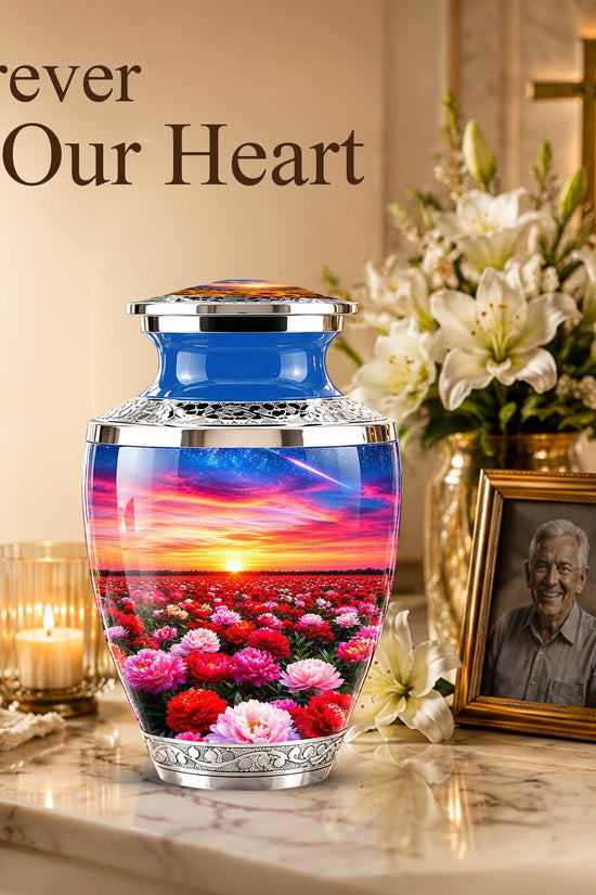 Floral Sunset Cremation Urn, Personalized Memorial Keepsake (Adult)