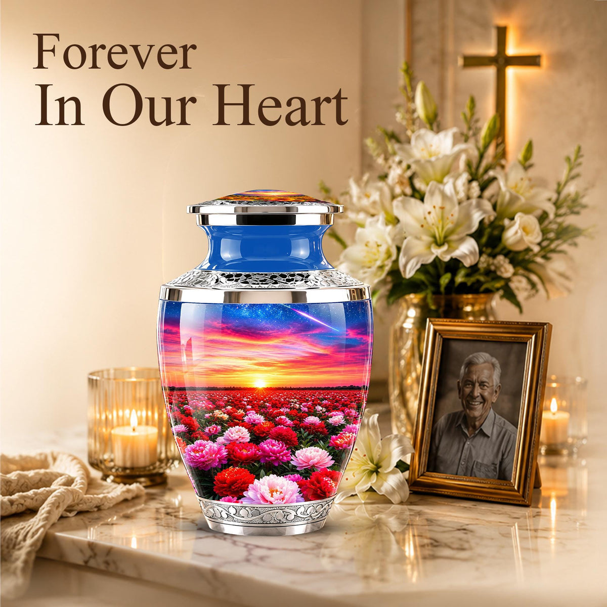 Floral Sunset Cremation Urn, Personalized Memorial Keepsake (Adult)