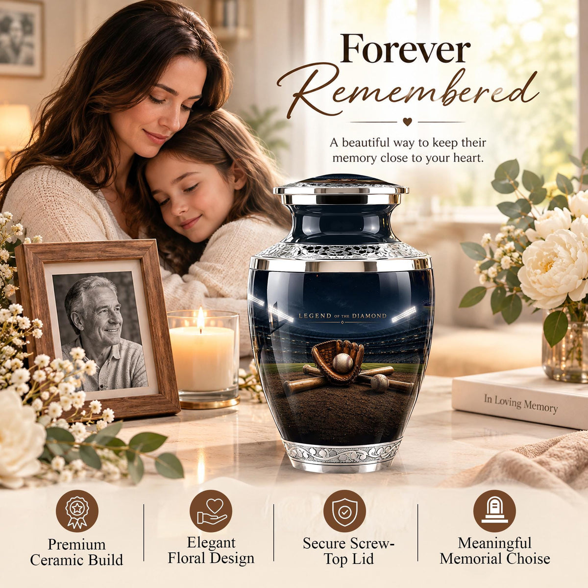 Baseball Glove Cremation Urn for Ashes - Silver Baseball Memorial Urn