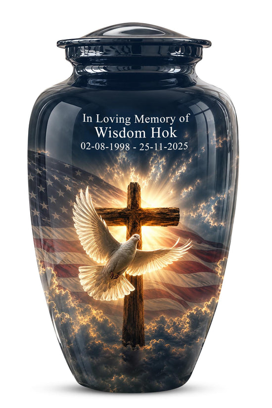 Personalized Christian Cremation Urn, American Flag Cross Memorial Keepsake