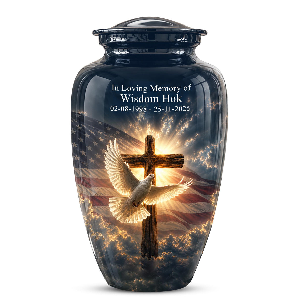 Personalized Christian Cremation Urn, American Flag Cross Memorial Keepsake