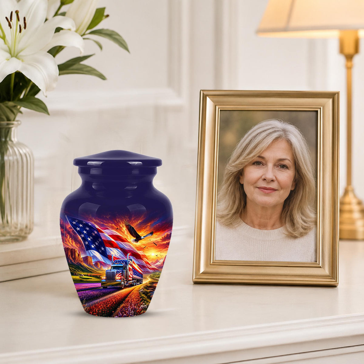 American Flag Truck Cremation Urn for Ashes - Patriotic Eagle Memorial Urn
