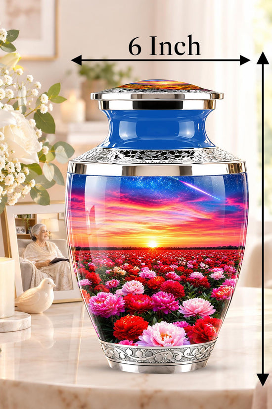 Floral Sunset Cremation Urn, Personalized Memorial Keepsake (Adult)