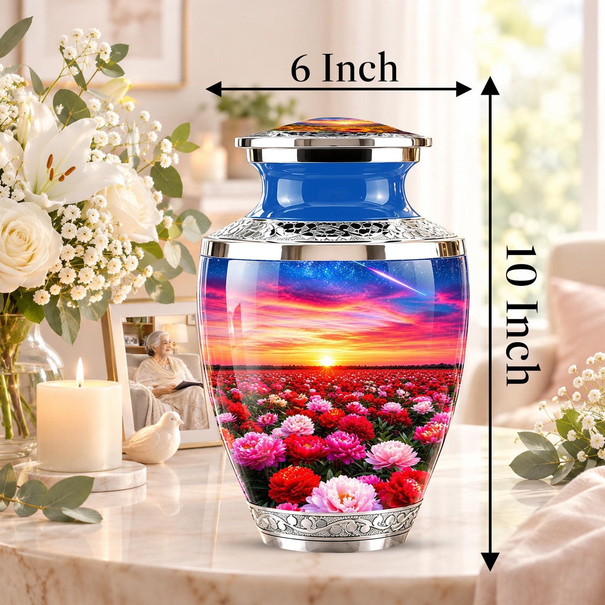 Floral Sunset Cremation Urn, Personalized Memorial Keepsake (Adult)