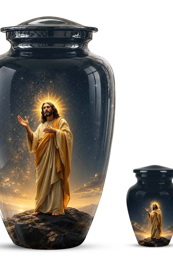 Christian Jesus Cremation Urn, Adult Memorial Keepsake, Glossy Black Finish