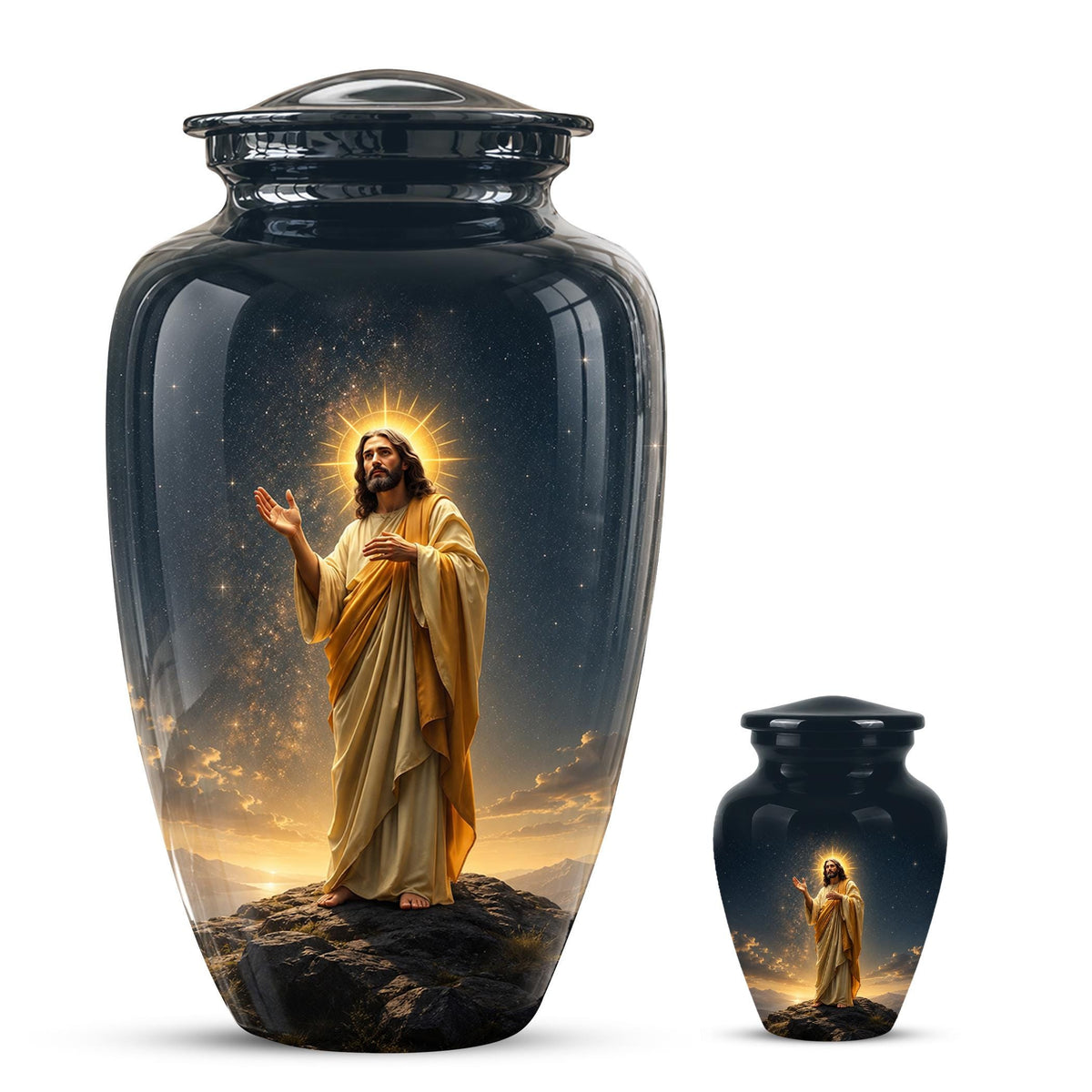 Christian Jesus Cremation Urn, Adult Memorial Keepsake, Glossy Black Finish