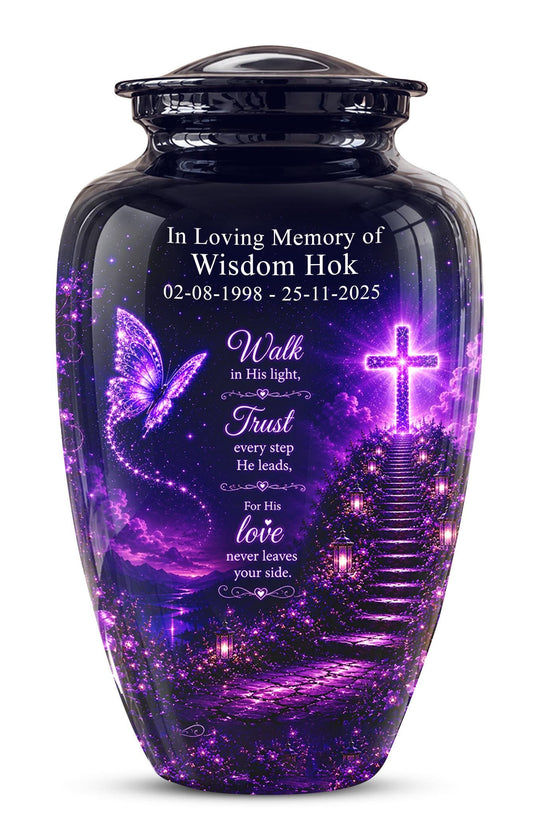 Purple Butterfly Cremation Urn for Ashes - Christian Memorial Urn with Glowing Cross