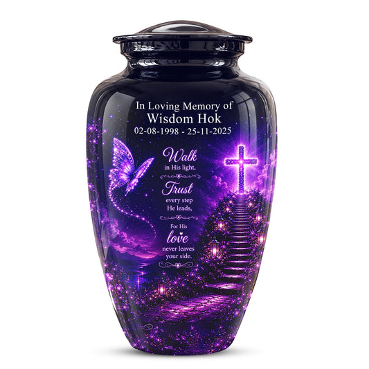 Purple Butterfly Cremation Urn for Ashes - Christian Memorial Urn with Glowing Cross