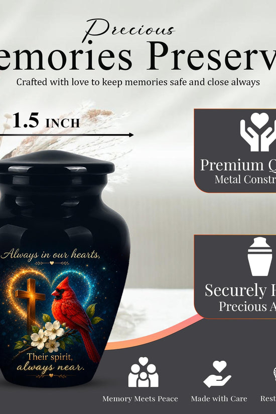 Cardinal Memorial Urn, Christian Cross, Adult Cremation Ashes, Glossy Metal Urn