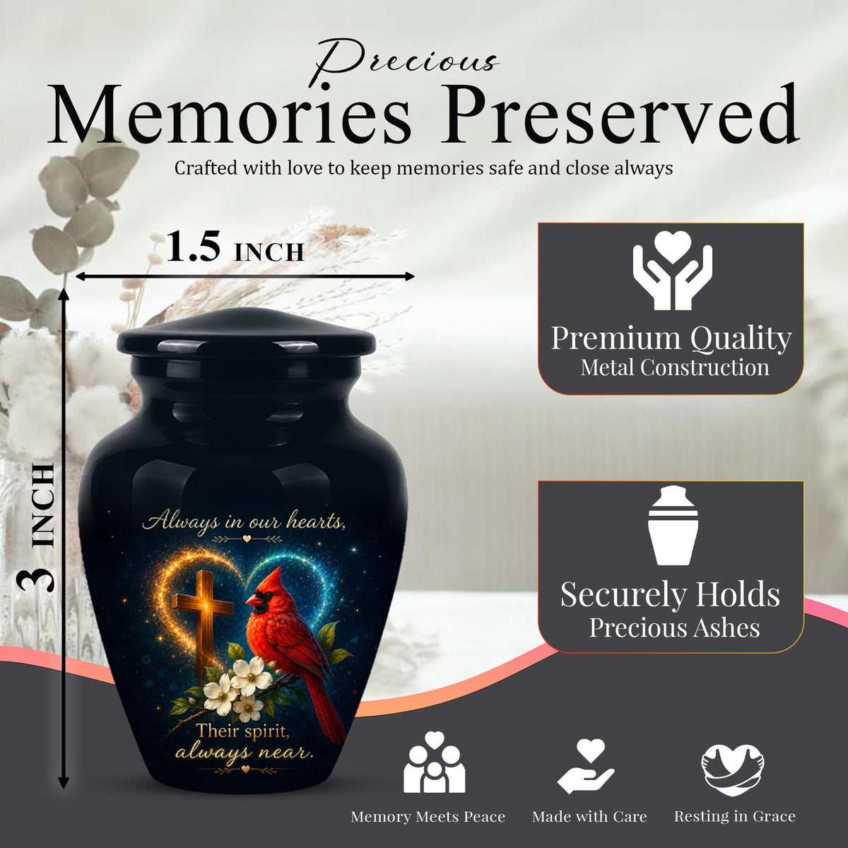 Cardinal Memorial Urn, Christian Cross, Adult Cremation Ashes, Glossy Metal Urn