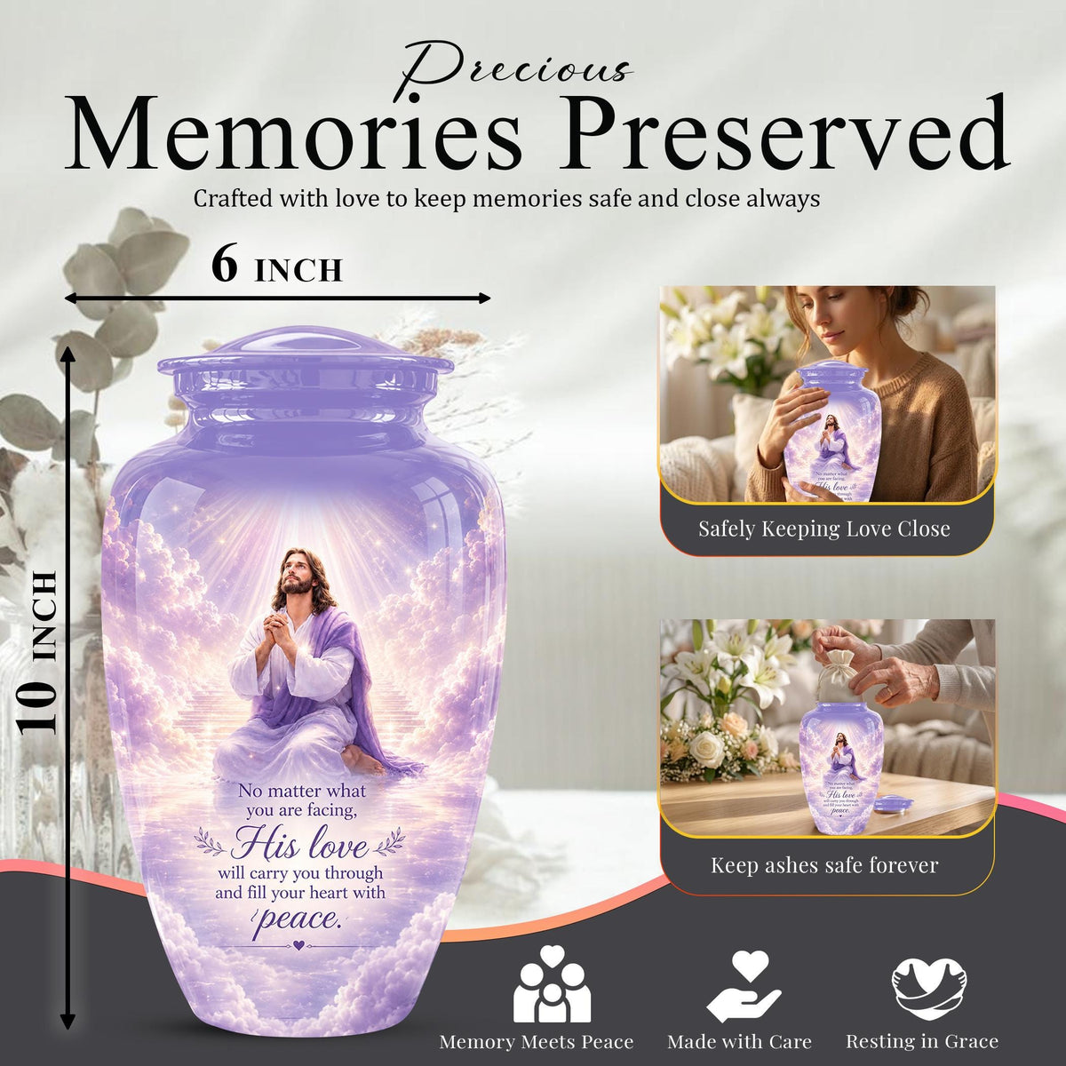 Christian Jesus Urn for Human Ashes, Memorial Keepsake, Religious Funeral Tribute