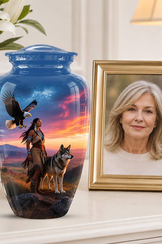 Personalized Native American Cremation Urn for Ashes - Eagle & Wolf Memorial Urn, Custom Human Ashes Urn, Spiritual Funeral Urn