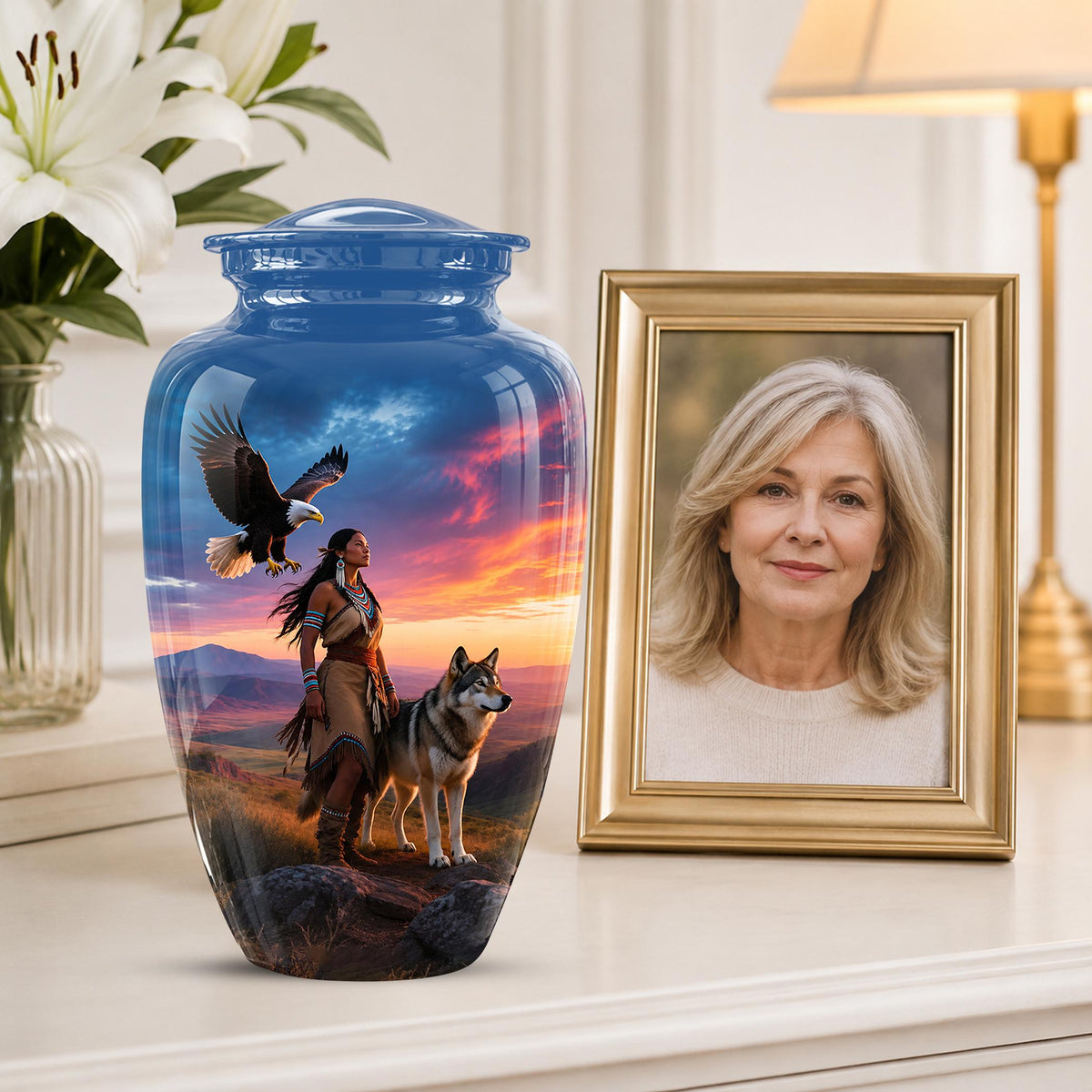 Personalized Native American Cremation Urn for Ashes - Eagle & Wolf Memorial Urn, Custom Human Ashes Urn, Spiritual Funeral Urn
