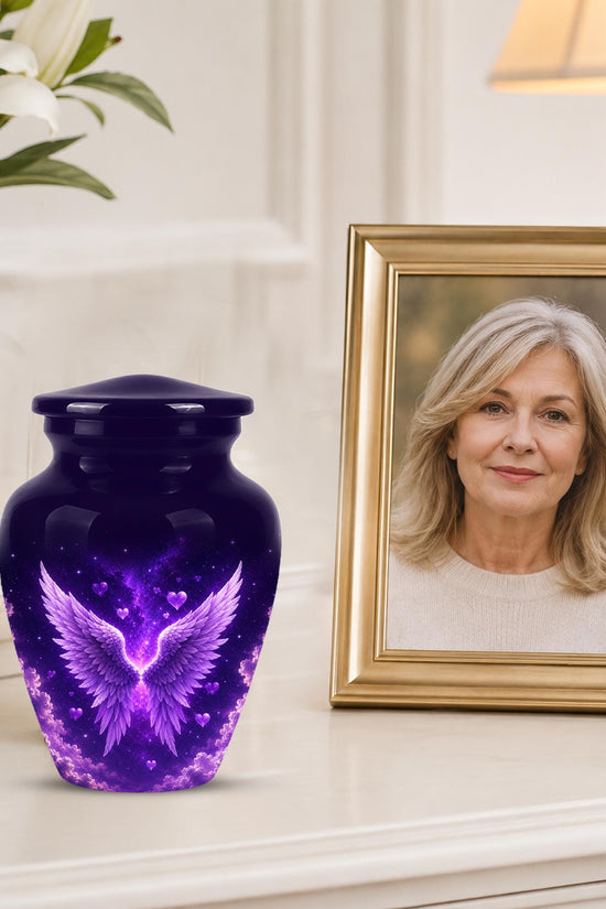 Personalized Purple Memorial Urn - Angel Wings Funeral Urn, Custom Tribute