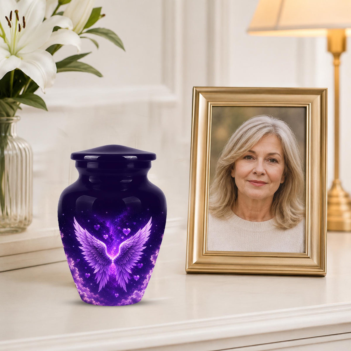 Personalized Purple Memorial Urn - Angel Wings Funeral Urn, Custom Tribute