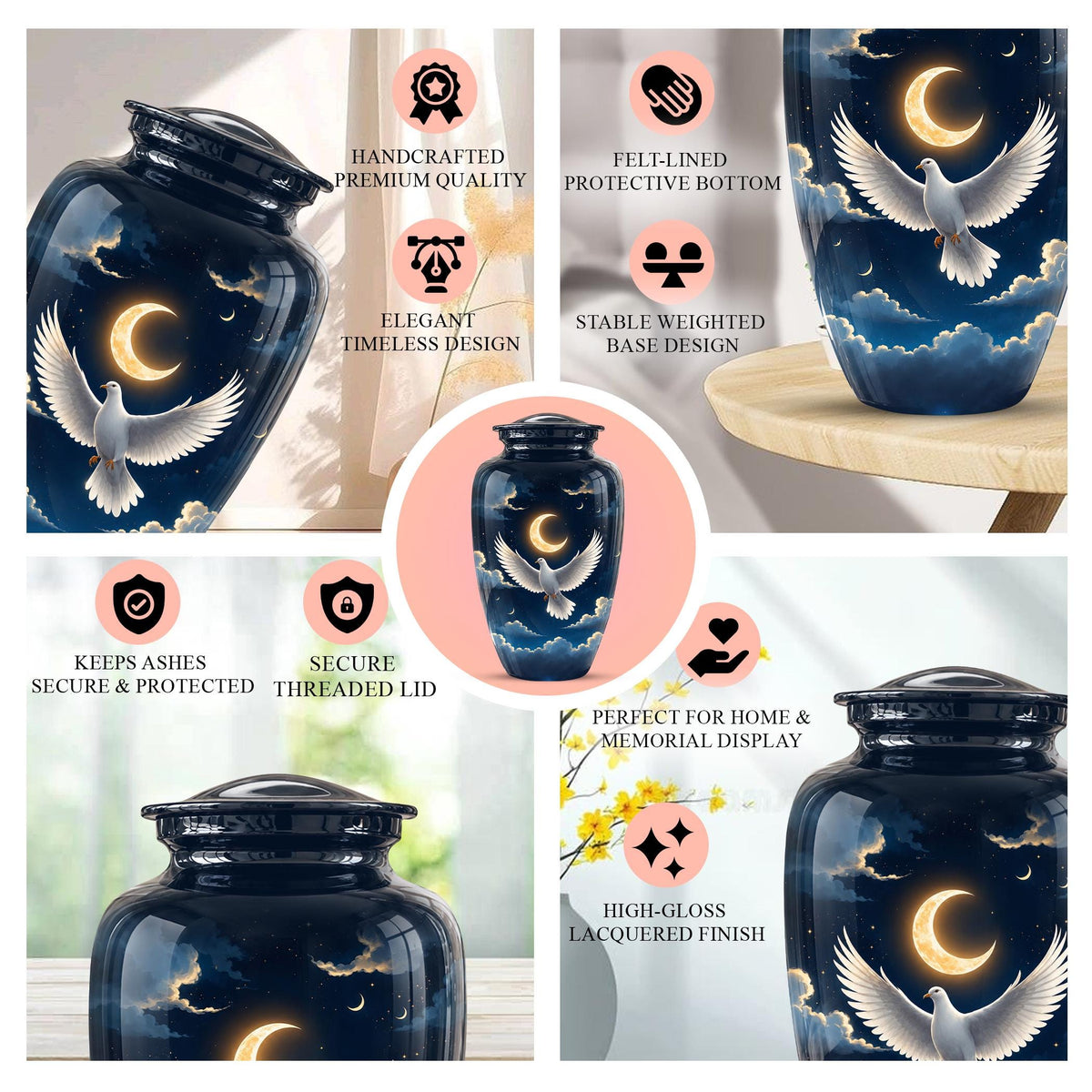 Personalized White Dove Cremation Urn for Ashes - Crescent Moon Memorial Urn, Heavenly Dove