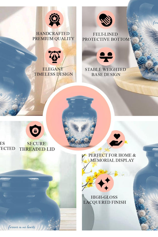 Personalized Angel Wings Cremation Urn - Blue Roses Memorial Keepsake Urn