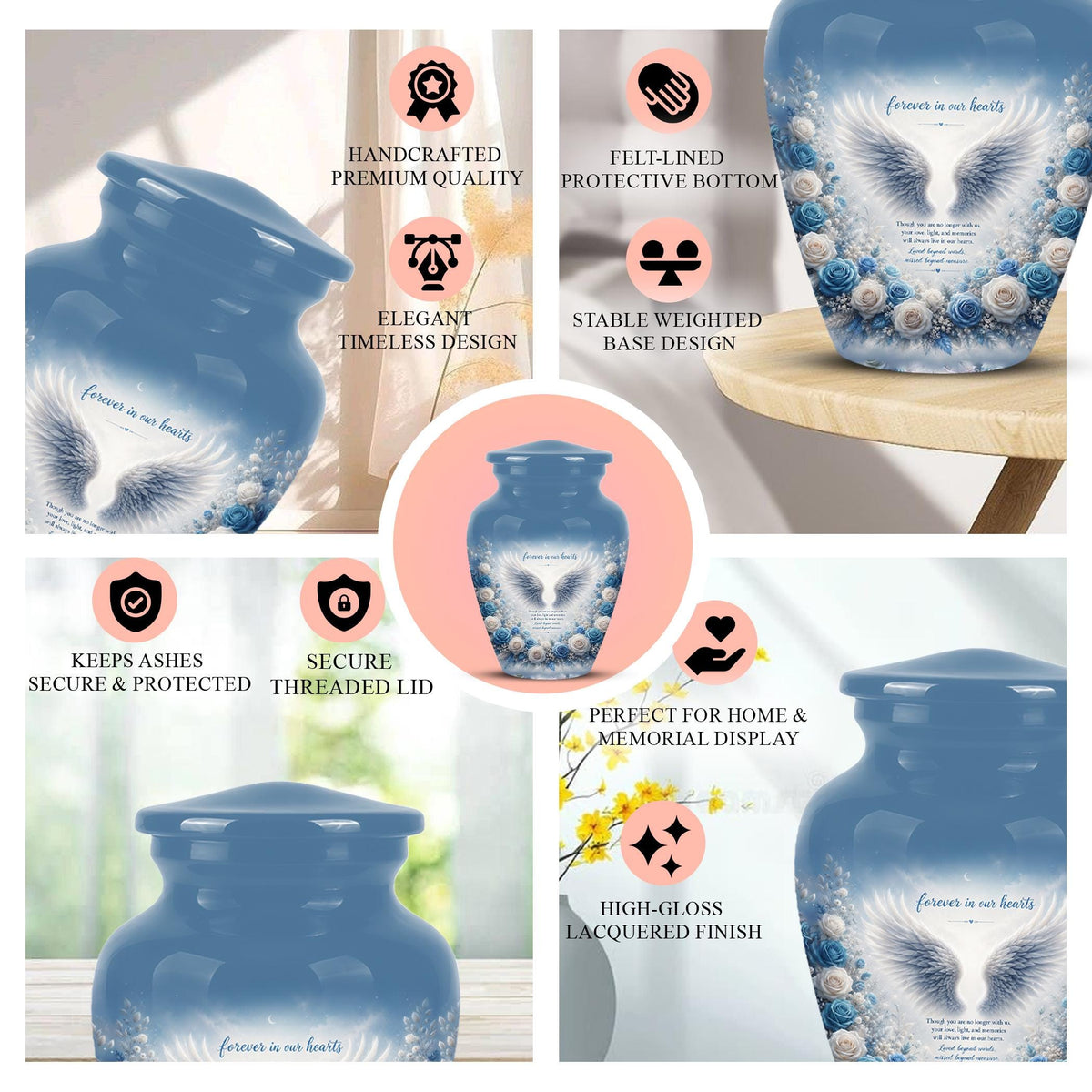 Personalized Angel Wings Cremation Urn - Blue Roses Memorial Keepsake Urn