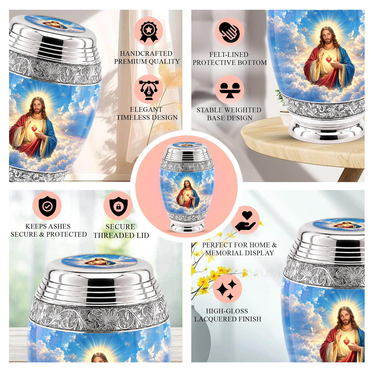 Personalized Jesus Cremation Urn - Christian Memorial Ashes, Sacred Heart (200 Cubic)