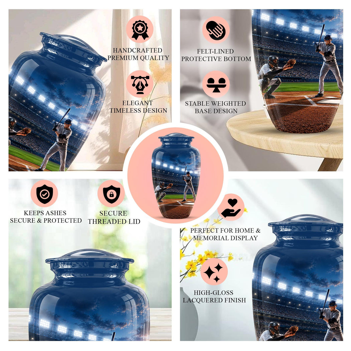 Baseball Cremation Urn for Ashes - Baseball Player and Catcher Memorial Urn