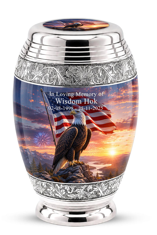 American Flag Eagle Cremation Urn for Ashes - Silver Patriotic Bald Eagle Memorial Urn