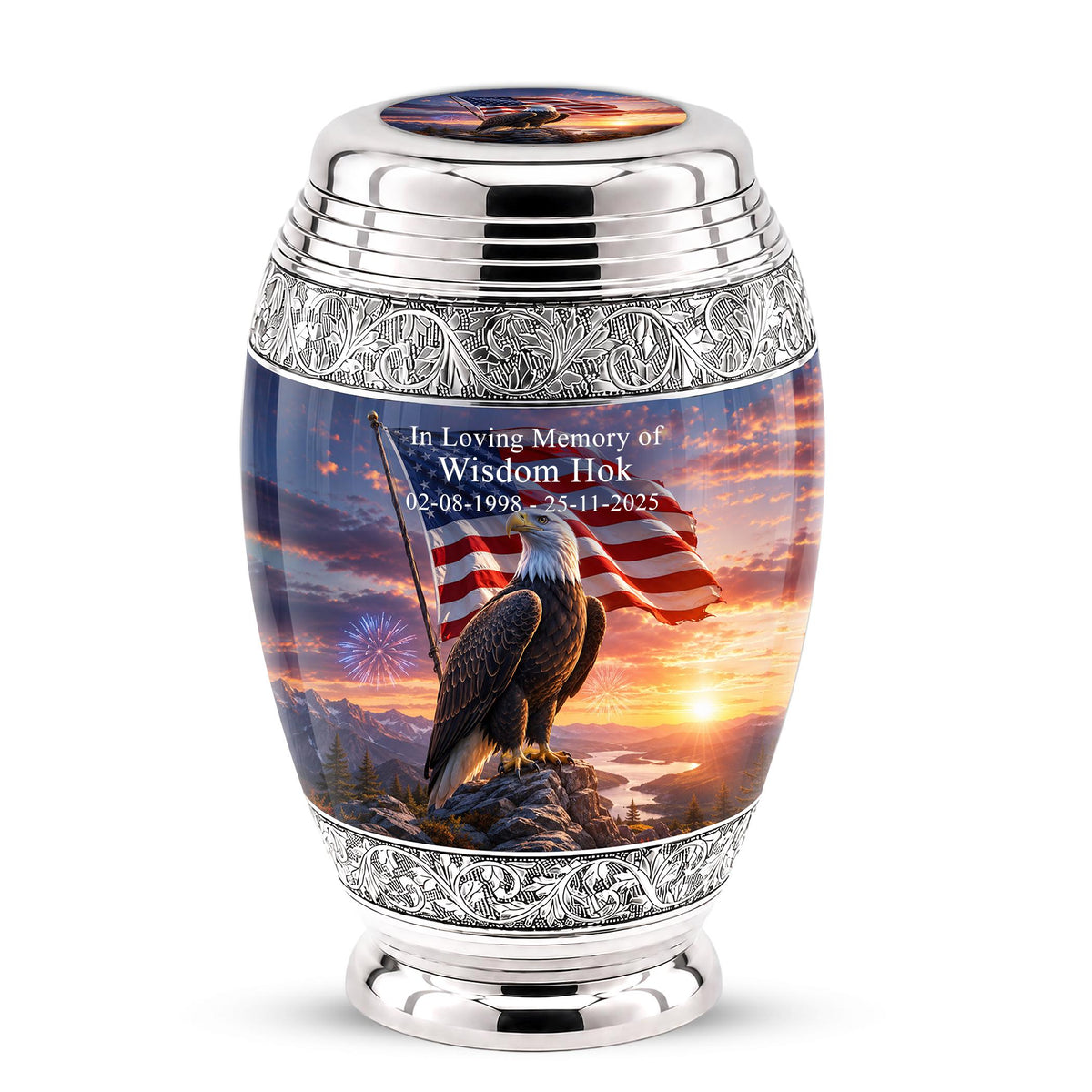 American Flag Eagle Cremation Urn for Ashes - Silver Patriotic Bald Eagle Memorial Urn
