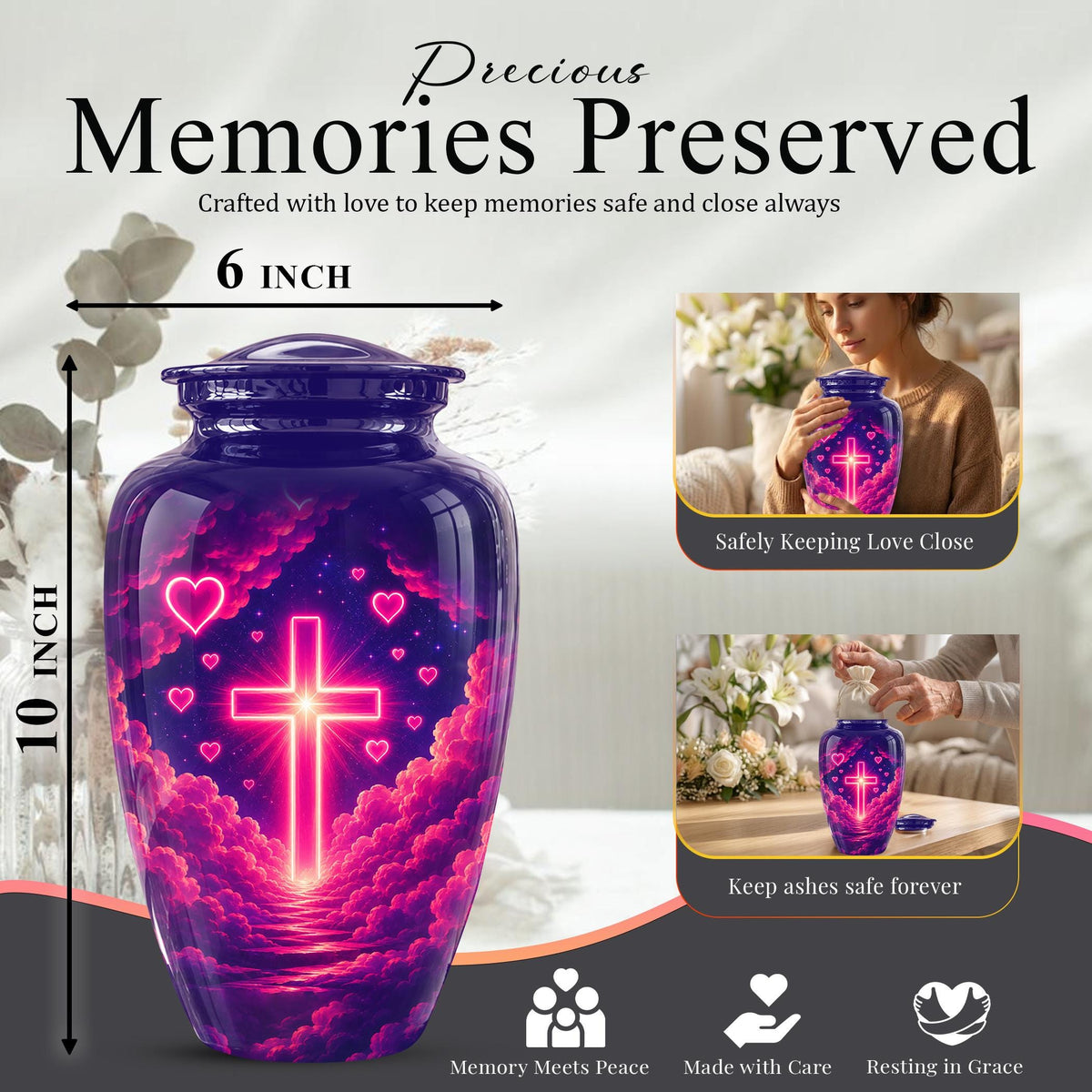 Christian Cremation Urn, Glowing Cross Memorial, Adult Ashes Urn, Religious Funeral Keepsake