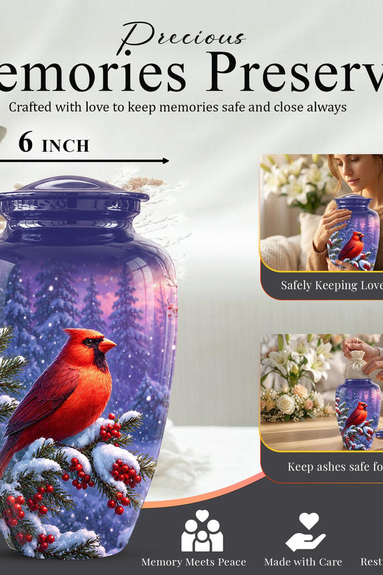 Cardinal Winter Memorial Urn, Red Bird Ashes Keepsake (200 Cubic)