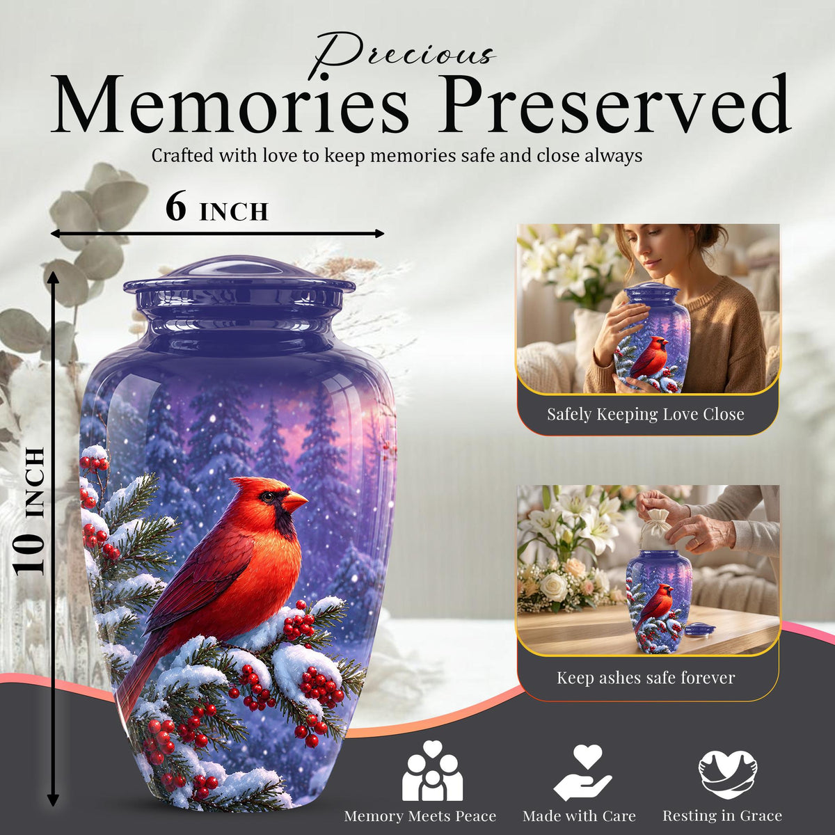 Cardinal Winter Memorial Urn, Red Bird Ashes Keepsake (200 Cubic)