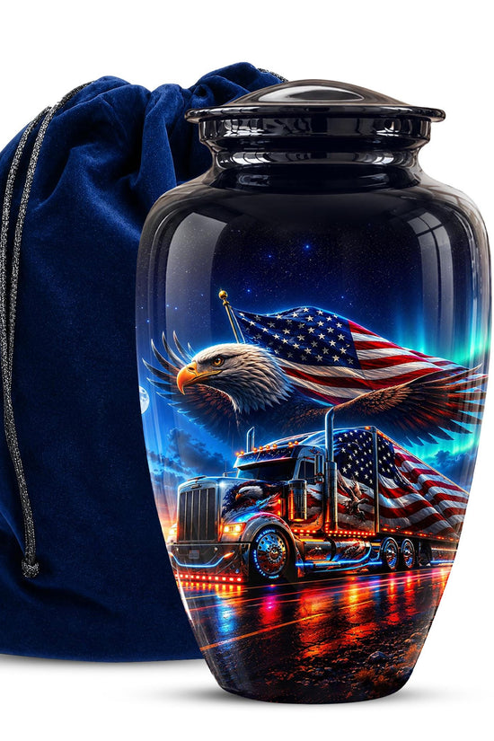 American Flag Truck Cremation Urn for Ashes - Bald Eagle and Semi Truck Memorial Urn
