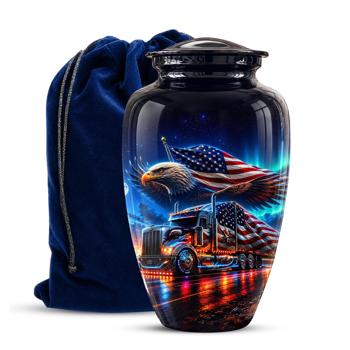 American Flag Truck Cremation Urn for Ashes - Bald Eagle and Semi Truck Memorial Urn